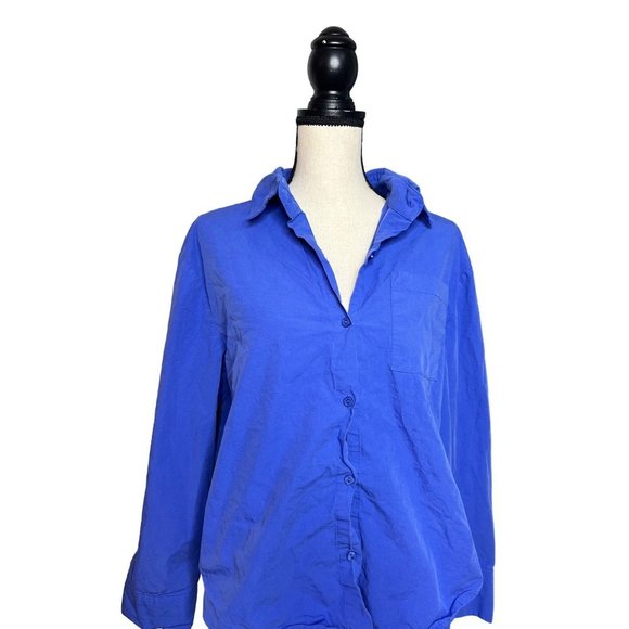 Womens Small Blue Button Front Shirt Long Sleeve Casual Loose Fit Chest Pocket - Picture 3 of 7